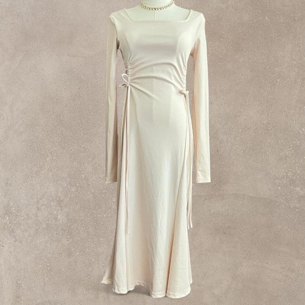 Korean Cream Midi Dress With Ties